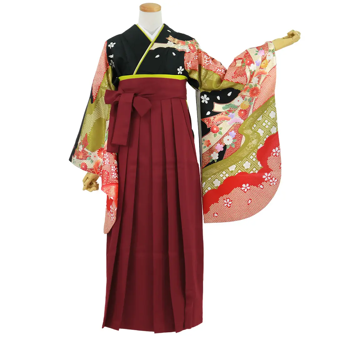 黒地に疋田と束ね熨斗・臙脂袴（無地） （二尺袖）／卒業式