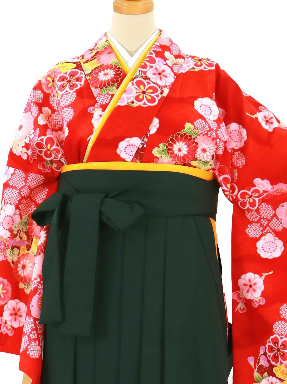 赤地に疋田の桜と四季花、深緑袴（無地）（二尺袖）／卒業式