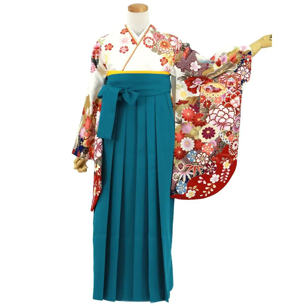 白地に貝桶と四季花・青袴（無地） （二尺袖）／卒業式