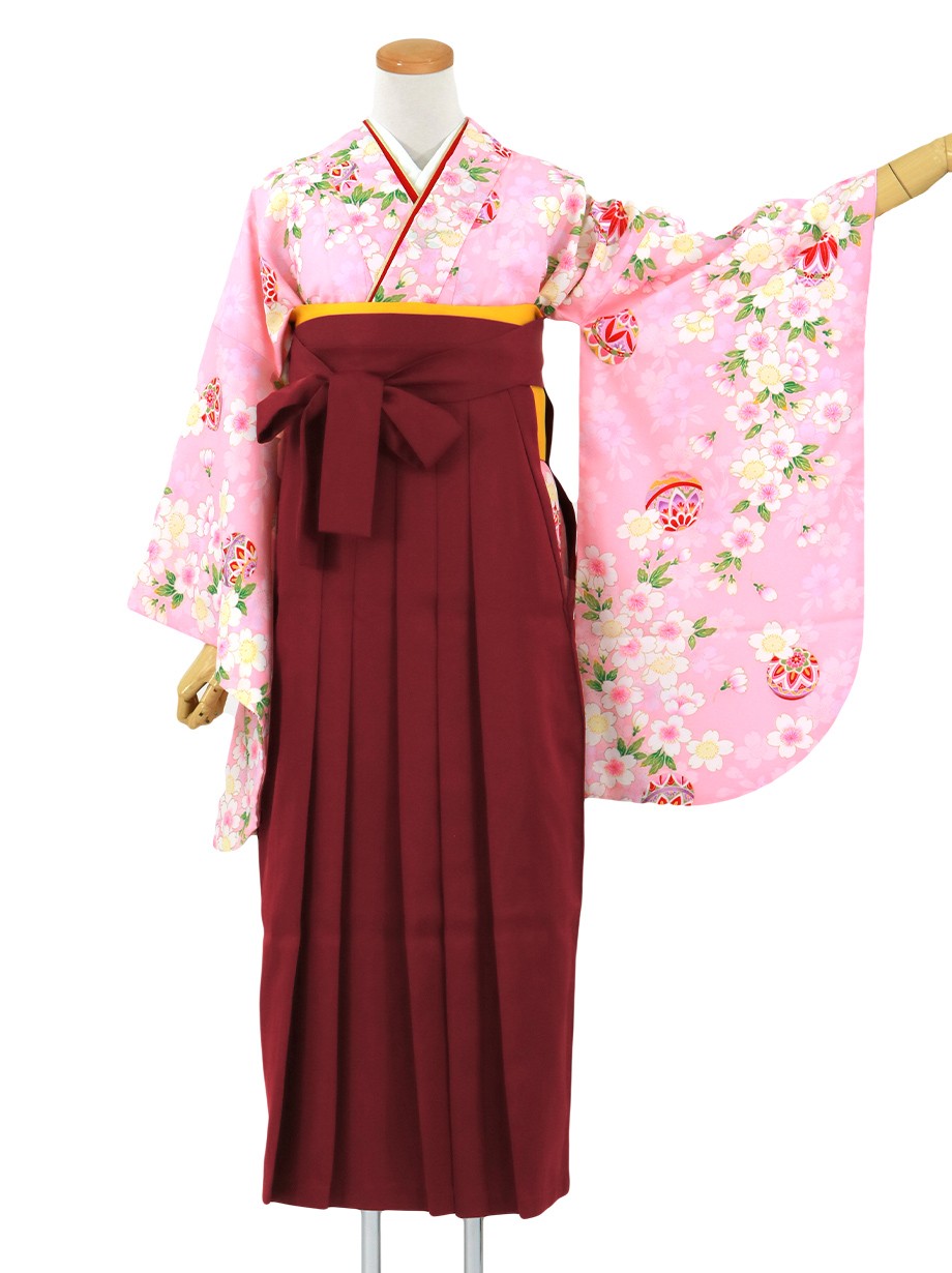 ピンク地に桜と鞠・臙脂袴（無地）（二尺袖）