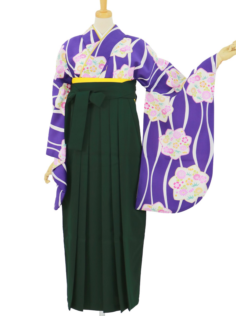 紫地によろけ縞と花・深緑袴（無地）（二尺袖）