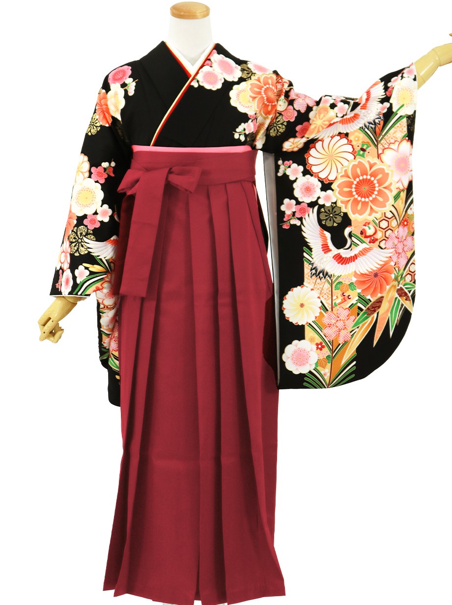 黒地に鶴と桜、臙脂袴（無地）（二尺袖）／卒業式｜宅配着物レンタルの京都かしきもの