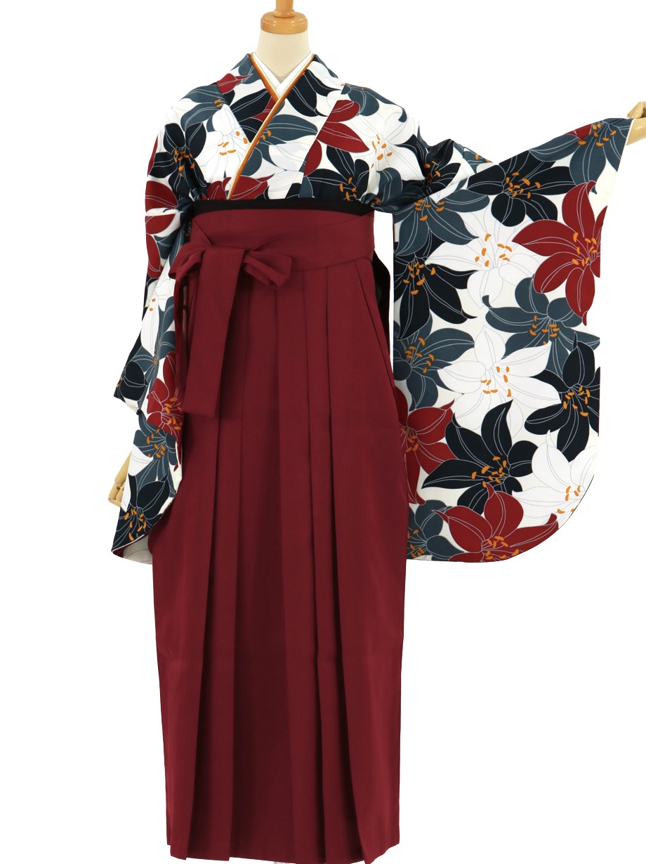 白地に紅白、灰色の百合づくし・臙脂袴（無地） （二尺袖）／卒業式