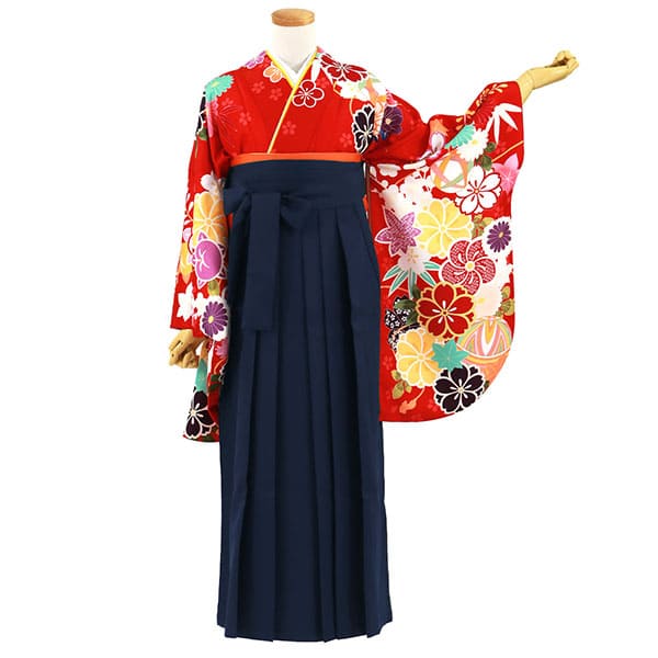 赤地に四季花と鞠・紺袴（無地） （二尺袖）／卒業式