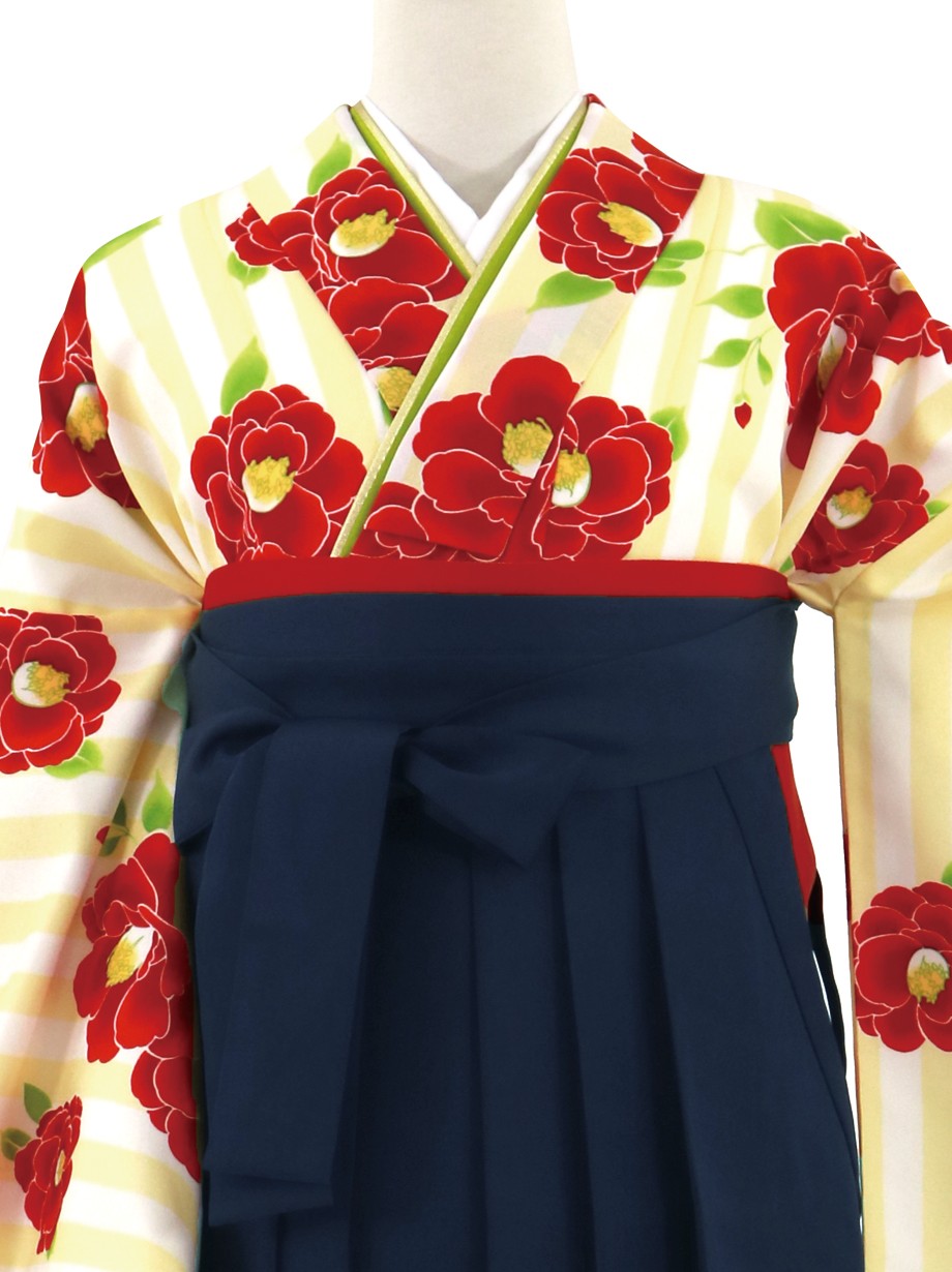 クリームの縞に赤の椿、紺袴（無地）（二尺袖）／卒業式*｜宅配着物レンタルの京都かしきもの