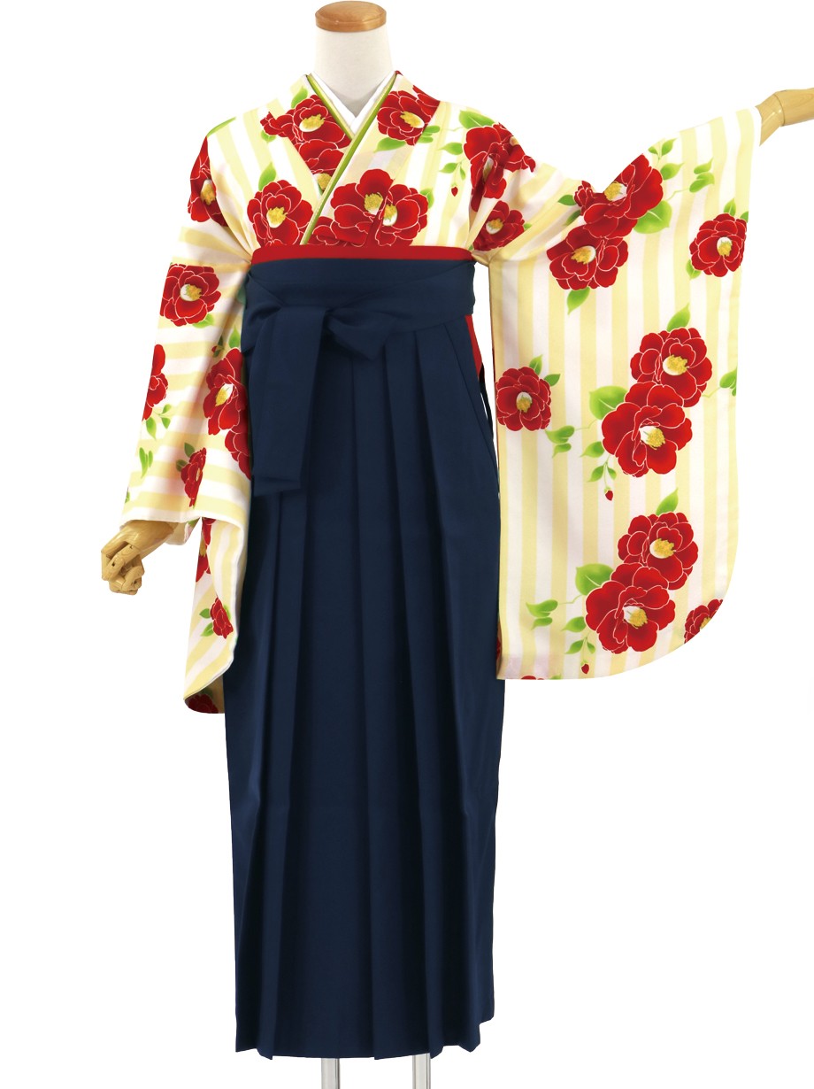 クリームの縞に赤の椿、紺袴（無地）（二尺袖）／卒業式｜宅配着物レンタルの京都かしきもの
