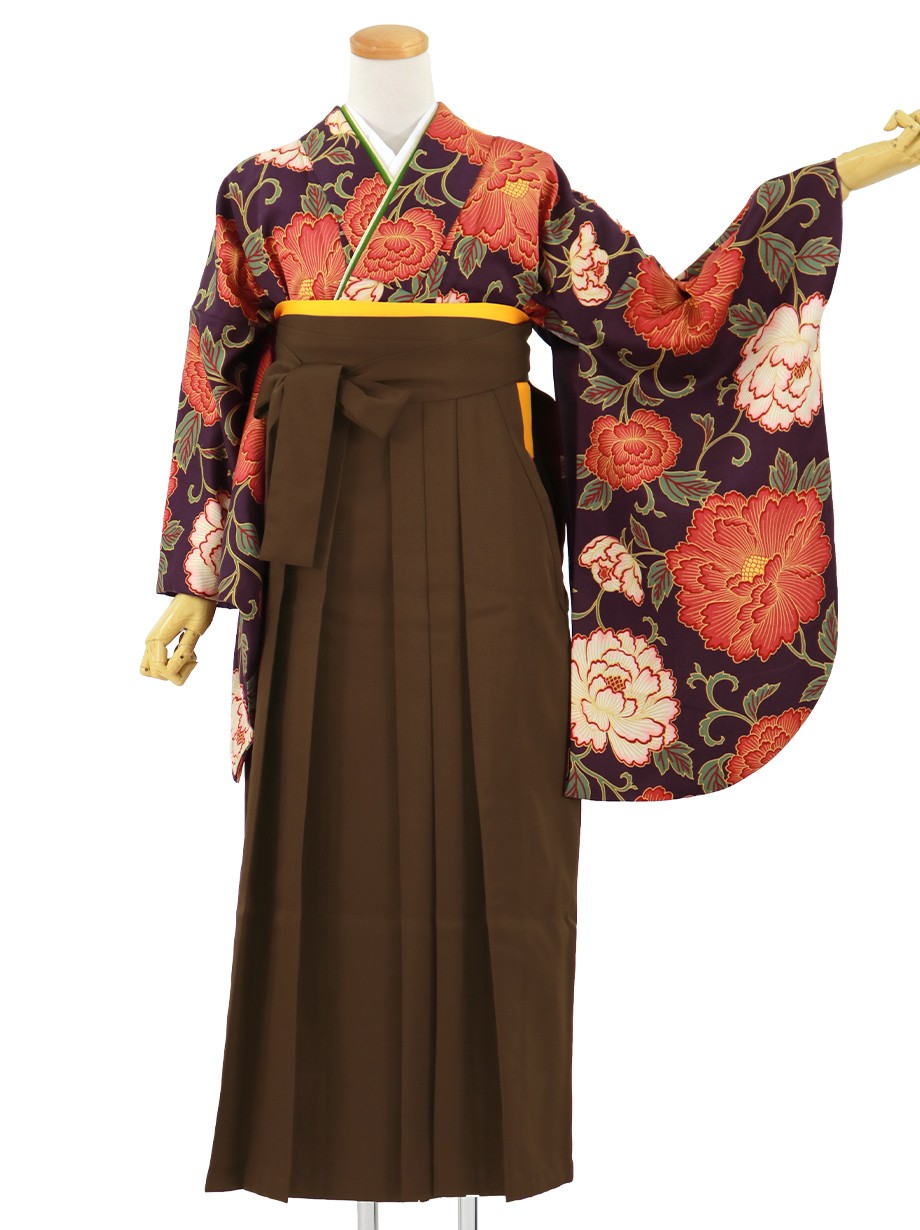 紫地に赤の牡丹、茶色袴（無地）（二尺袖）／卒業式***｜宅配着物レンタルの京都かしきもの