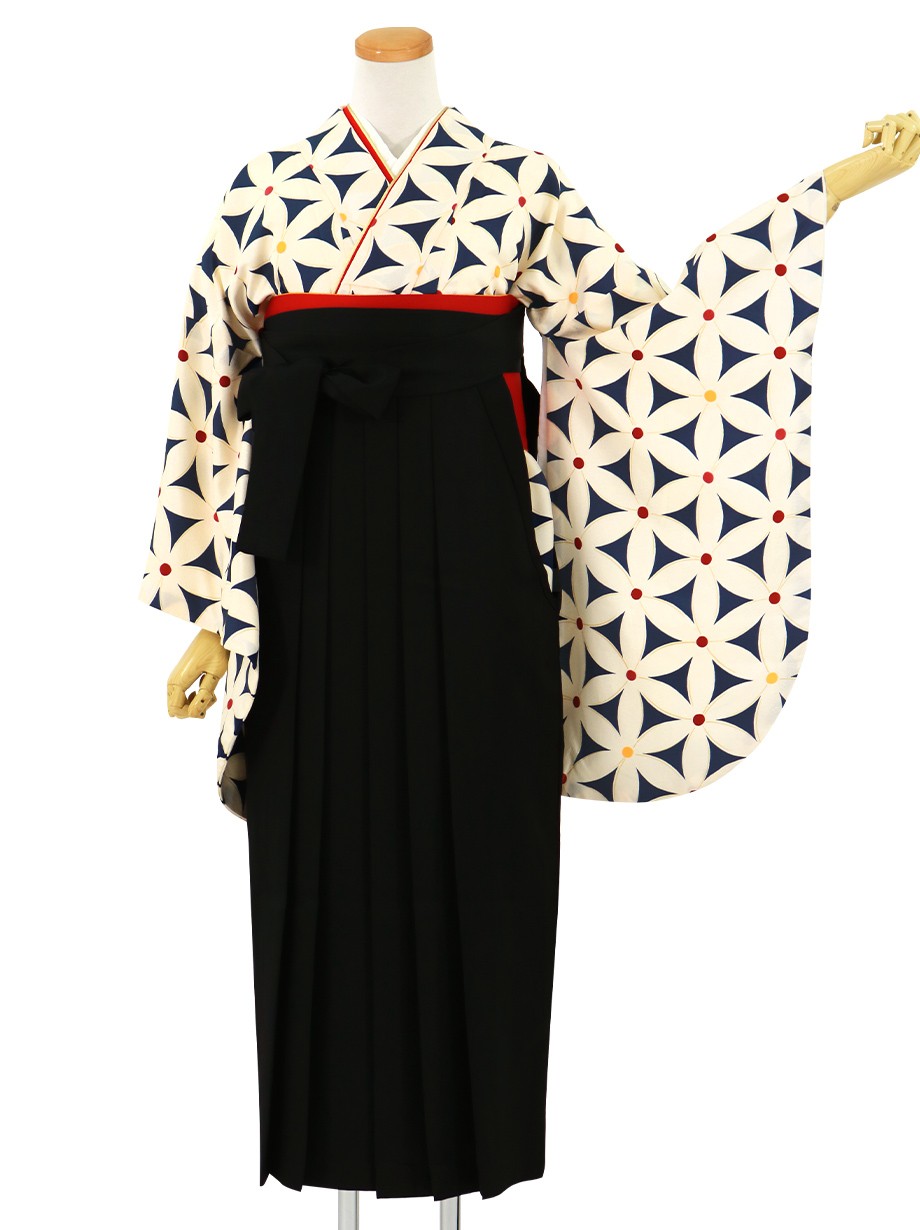 ≪ヒロミチナカノ≫紺地に花模様・黒袴（無地） （二尺袖）／卒業式