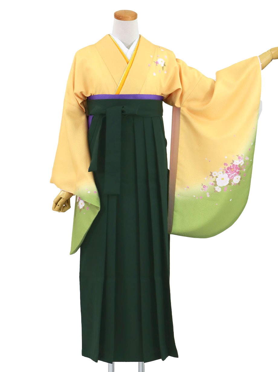 黄色と鶸(ひわ)色地に牡丹・深緑袴(無地)(二尺袖)/卒業式