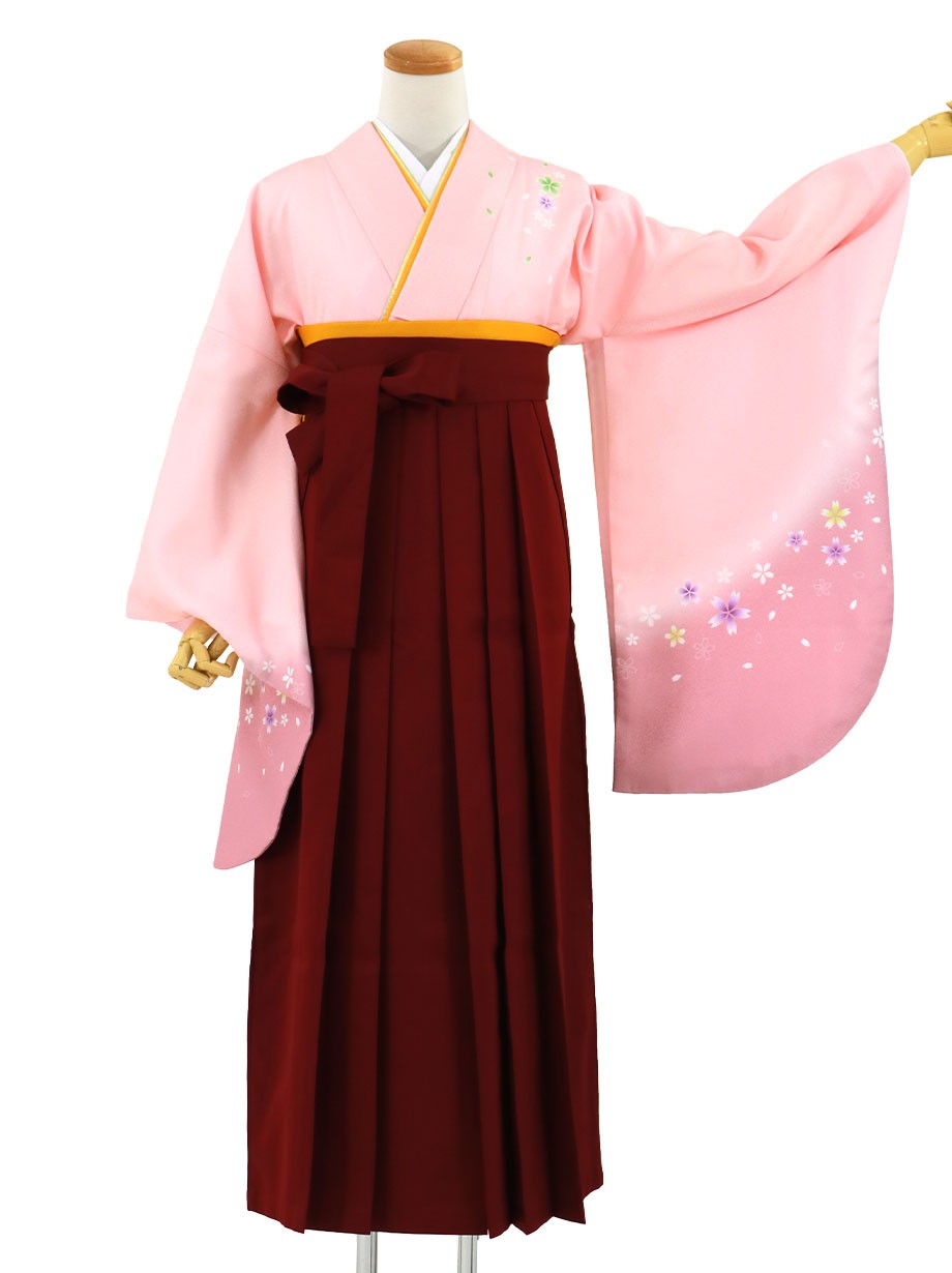 ピンク地に桜・臙脂袴（無地）（二尺袖）／卒業式（オリジナルデザイン）