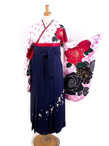 白色地に薔薇と水玉・紺袴（二尺袖）