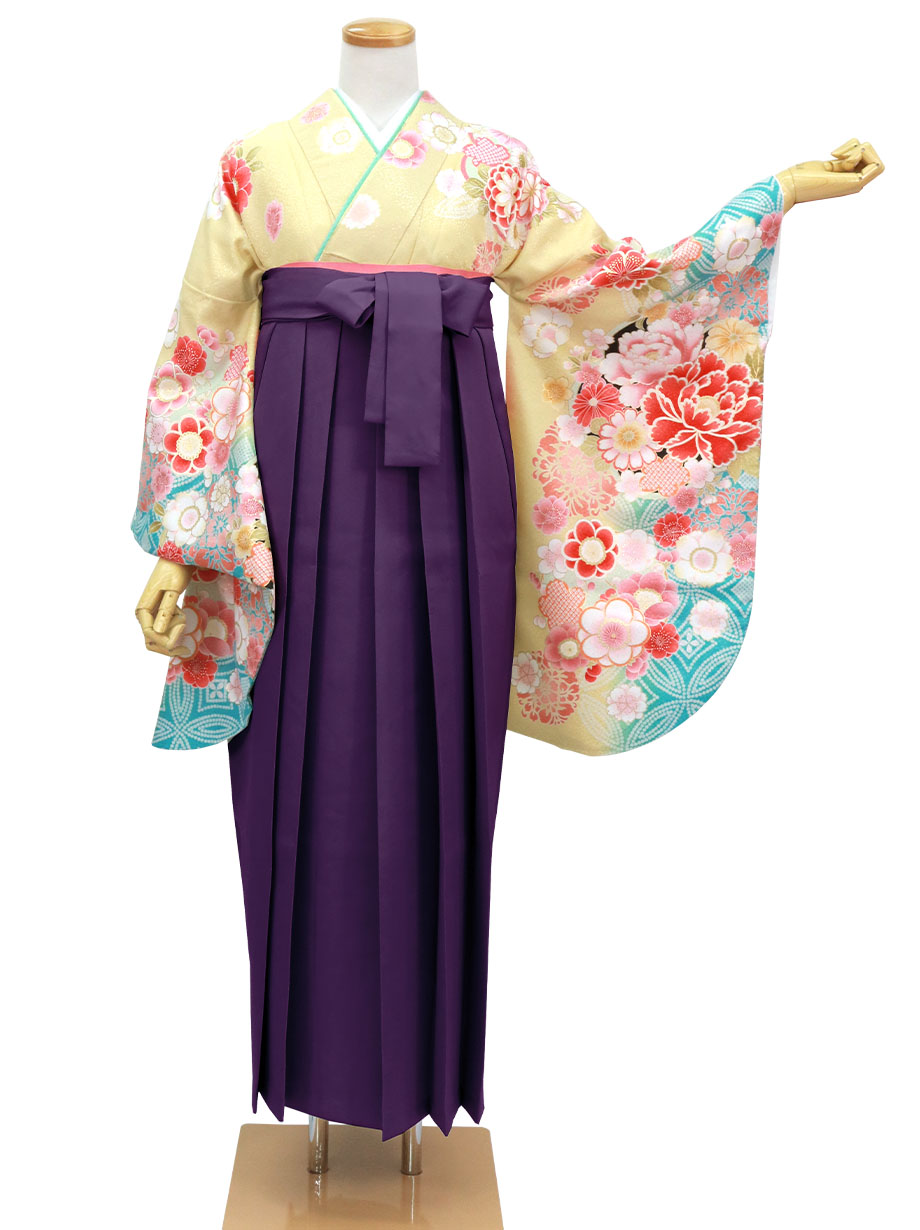 女郎花（おみなえし）色に牡丹と桜・紫袴（二尺袖）／卒業式