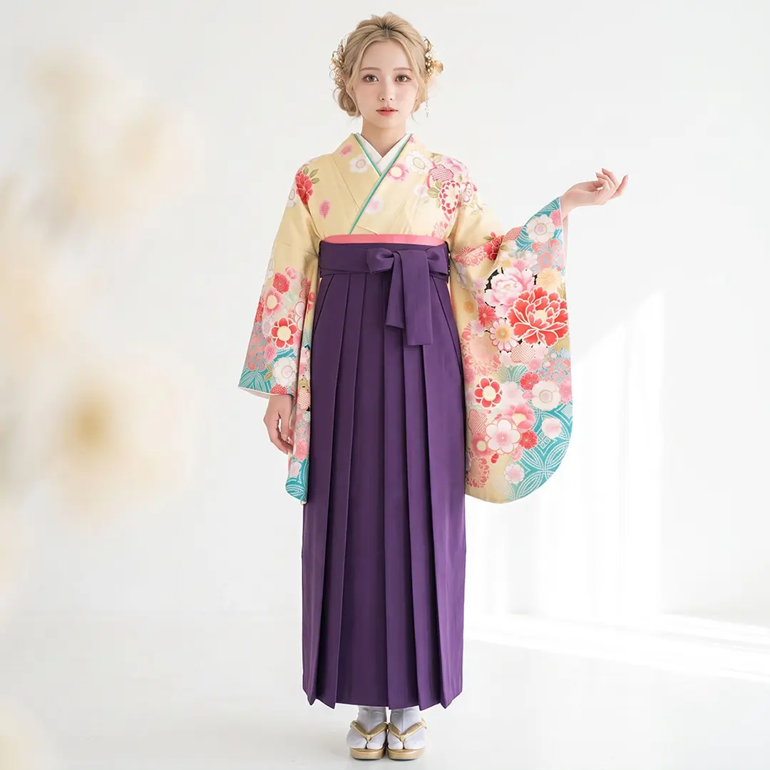 女郎花（おみなえし）色に牡丹と桜・紫袴（無地） （二尺袖）／卒業式