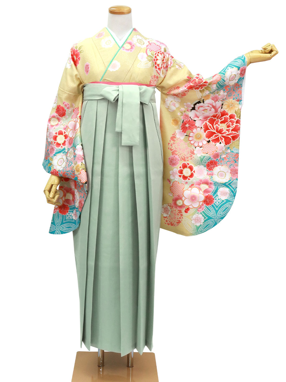 女郎花（おみなえし）色に牡丹と桜・くすみグリーン袴（二尺袖）／卒業式