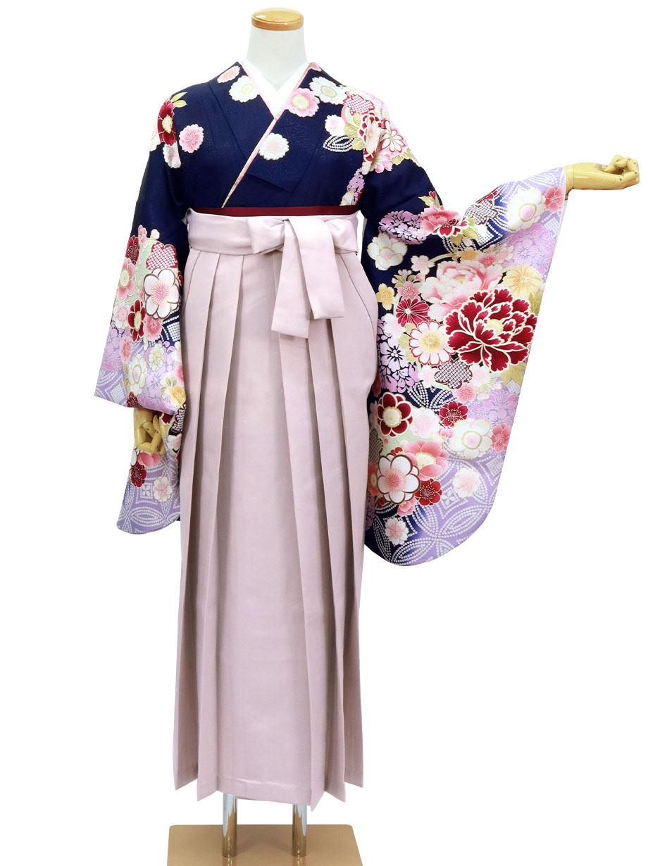 紺色に牡丹と桜・くすみピンク袴（二尺袖）／卒業式