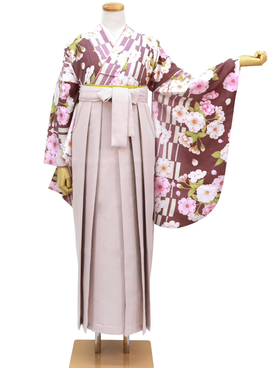 茄子紺に格子柄と桜・くすみピンク袴（無地）（二尺袖）