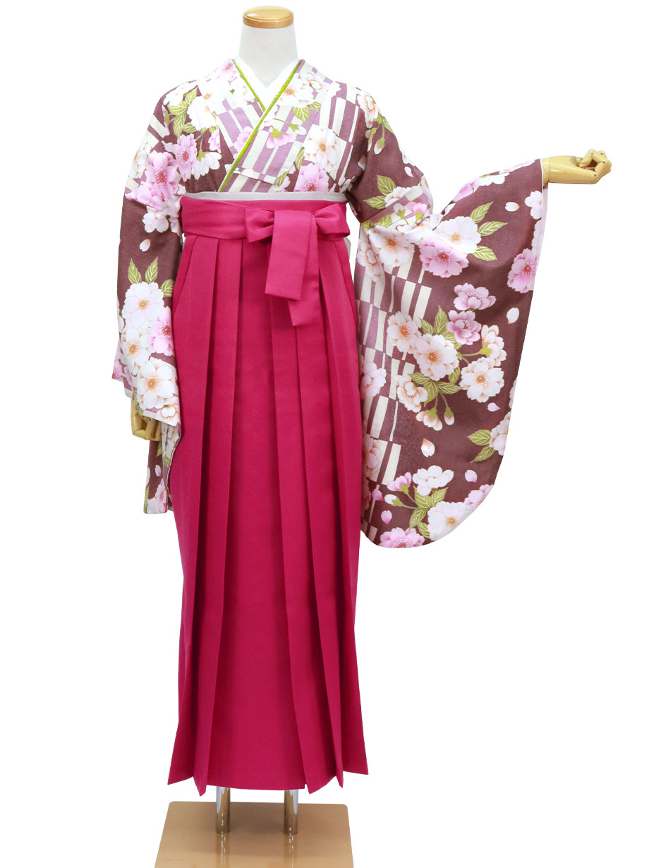 茄子紺に格子柄と桜・中紅袴（無地）（二尺袖）