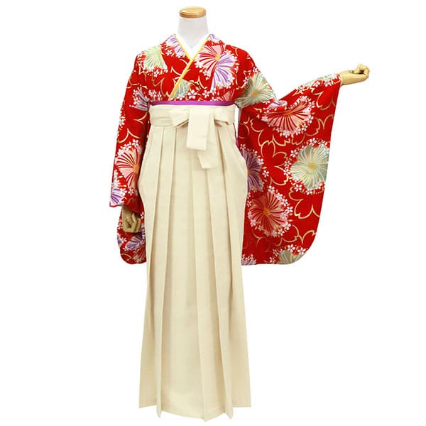 深緋（こきひ）地に桜柄・アイボリー袴（無地） （二尺袖）／卒業式