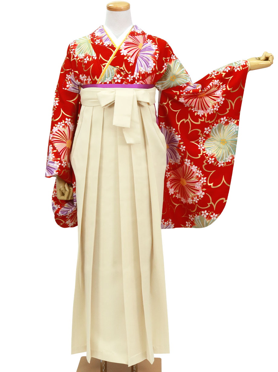 深緋・（こきひ）地に桜柄・アイボリー袴（無地）（二尺袖）