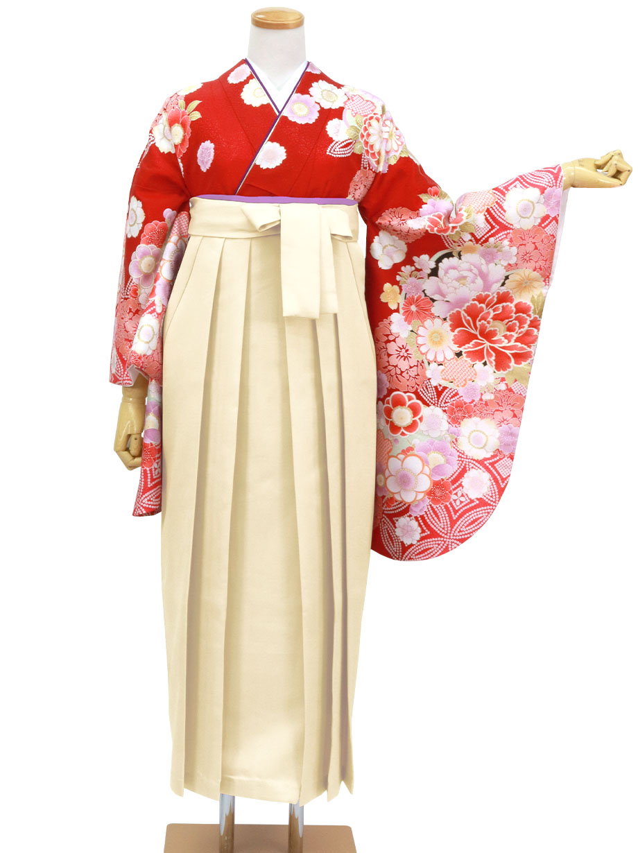 赤地に牡丹と桜・アイボリー袴（無地）（二尺袖）