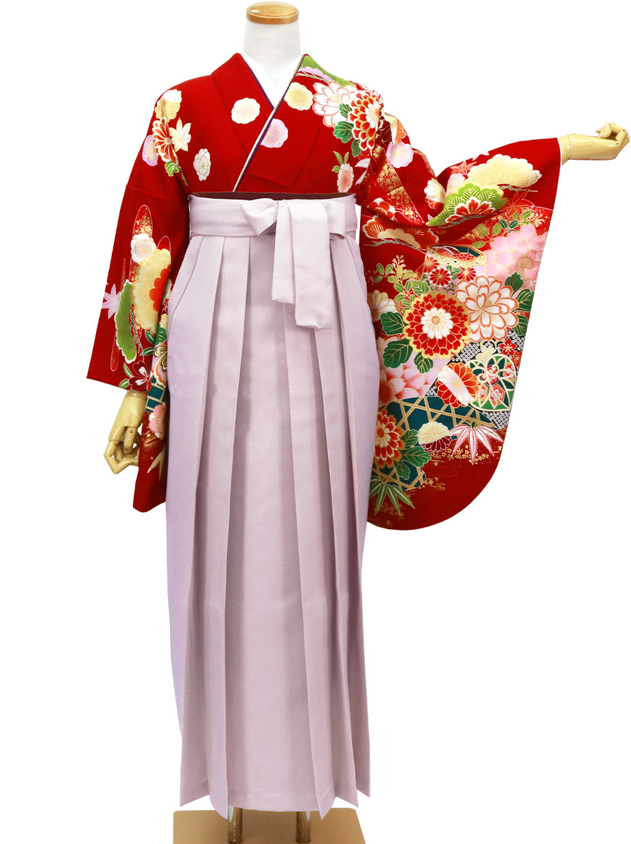 【人気セット】赤地に花と貝桶・くすみピンク袴（無地）（二尺袖）／卒業式