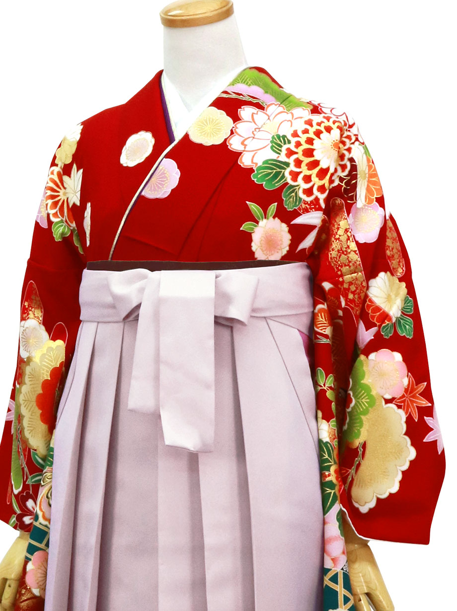 赤地に花と貝桶・くすみピンク袴（二尺袖）／卒業式