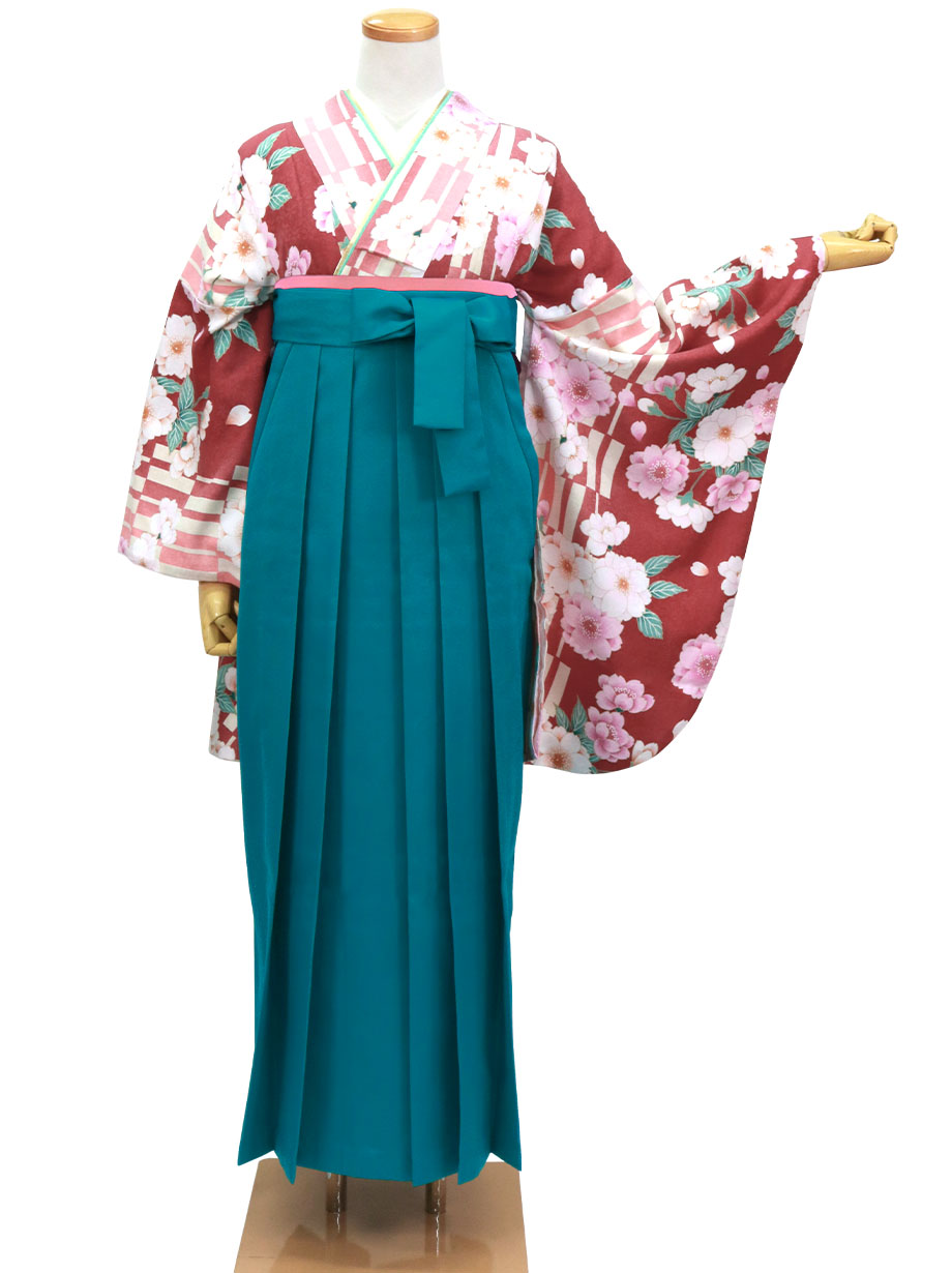 赤紅色に格子柄と桜・青袴（無地）（二尺袖）