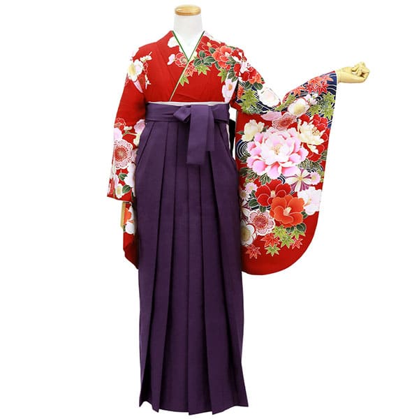 赤地に流水と四季花・紫袴（無地） （二尺袖）／卒業式