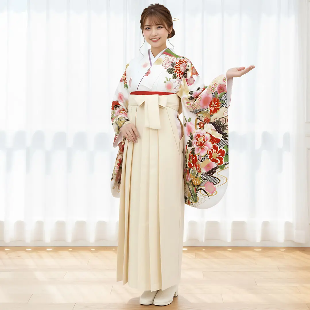 白地に流水と杜若と花・アイボリー袴（無地） （二尺袖）／卒業式