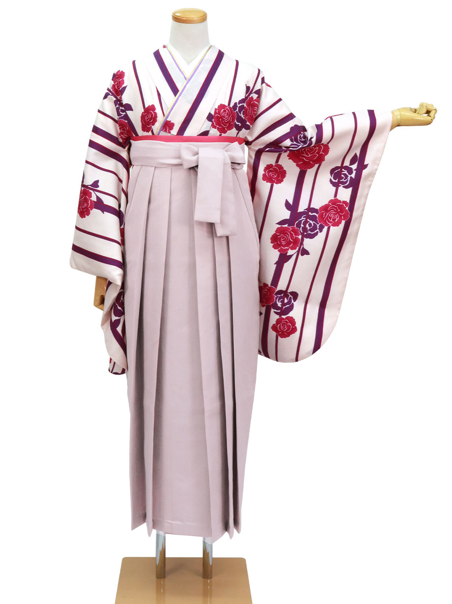 【人気セット】白地に紫の縞とバラ・くすみピンク袴（無地）（二尺袖）／卒業式