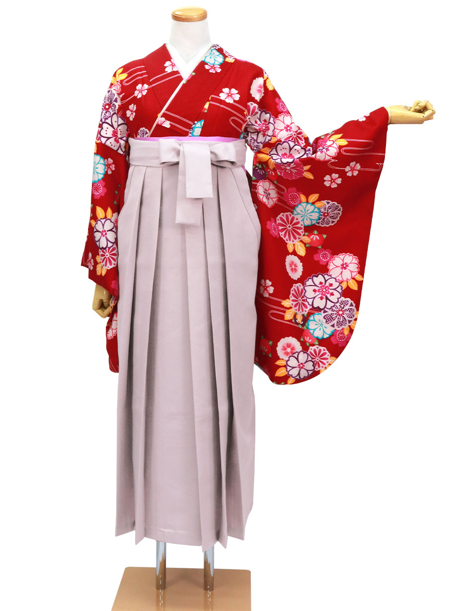 茜色に流水と四季花・くすみピンク袴（無地）（二尺袖）
