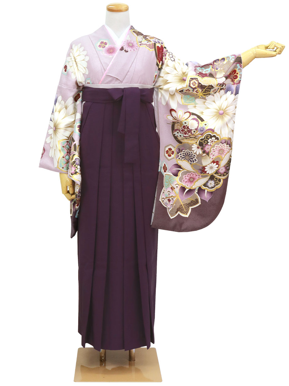 薄紫地にかわり椿と菊・紫袴（無地）（二尺袖）