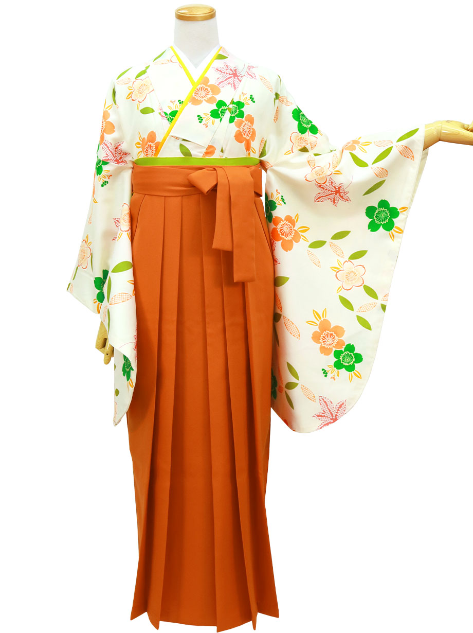 【2022新作】アイボリー地にオレンジと緑の桜・オレンジ袴（無地）（二尺袖）／卒業式