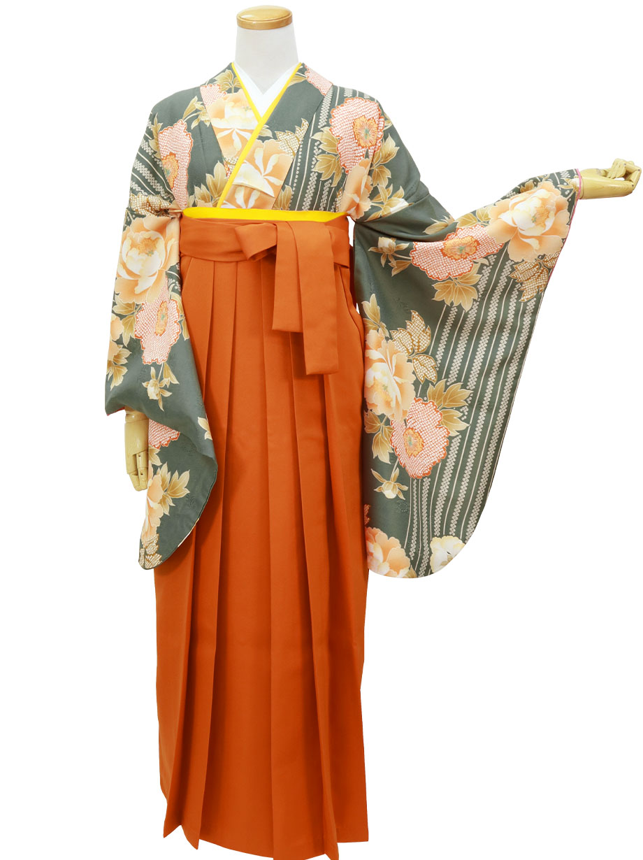 【人気セット】蓬色に縞と牡丹・オレンジ袴（無地）（二尺袖）／卒業式