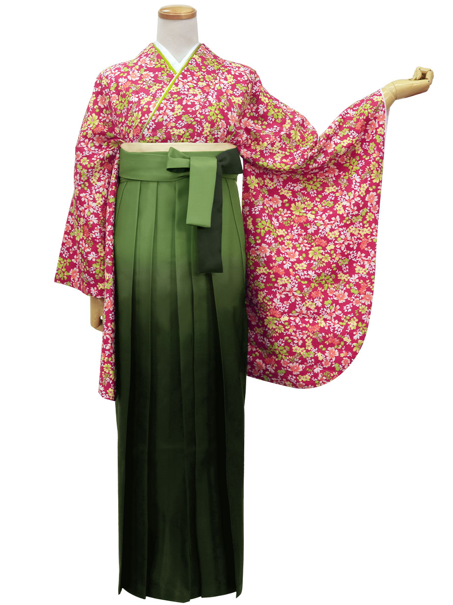 赤地に小花・緑袴（ぼかし）（二尺袖）／卒業式