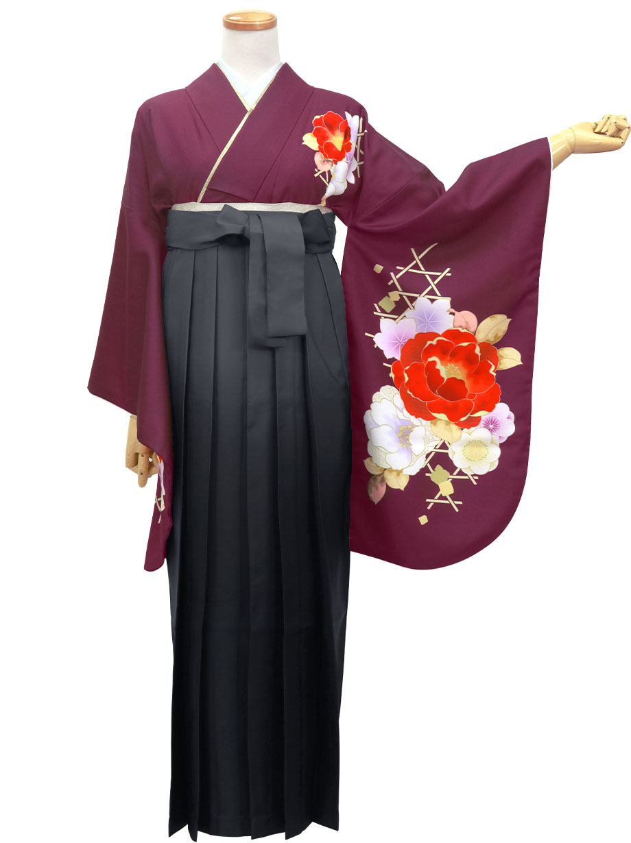 臙脂に牡丹・黒袴（ぼかし）（二尺袖）