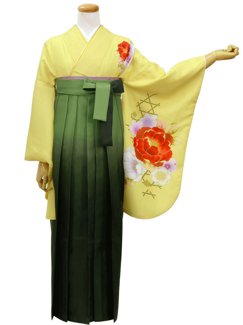 黄色地に牡丹・緑袴（ぼかし）（二尺袖）／卒業式