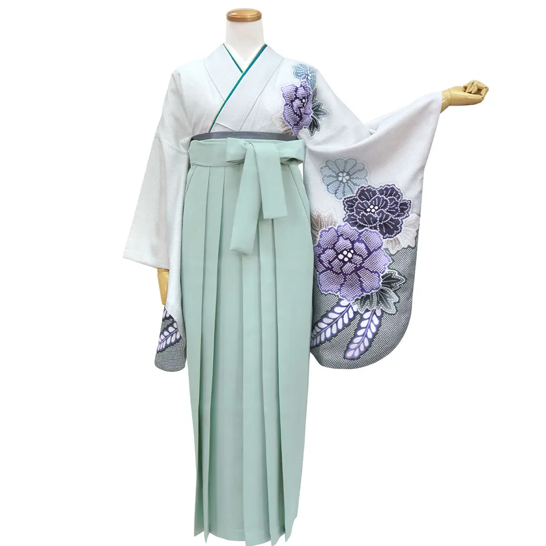 白灰地に疋田牡丹・くすみグリーン袴（無地） （二尺袖）／卒業式