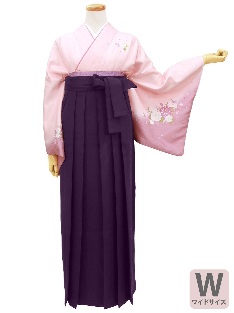 ピンク地に牡丹・紫色袴（無地） ワイドサイズ／卒業式