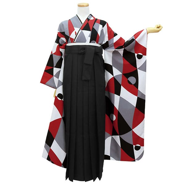 黒と赤の幾何学模様・黒袴（無地） （振袖）／卒業式