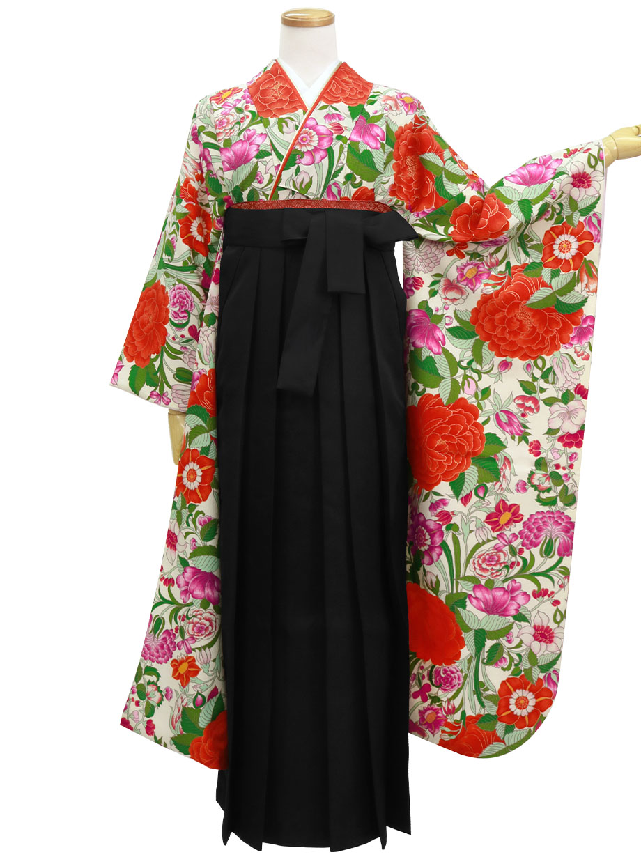 白地に芍薬と洋花・黒袴（無地）（振袖）／卒業式
