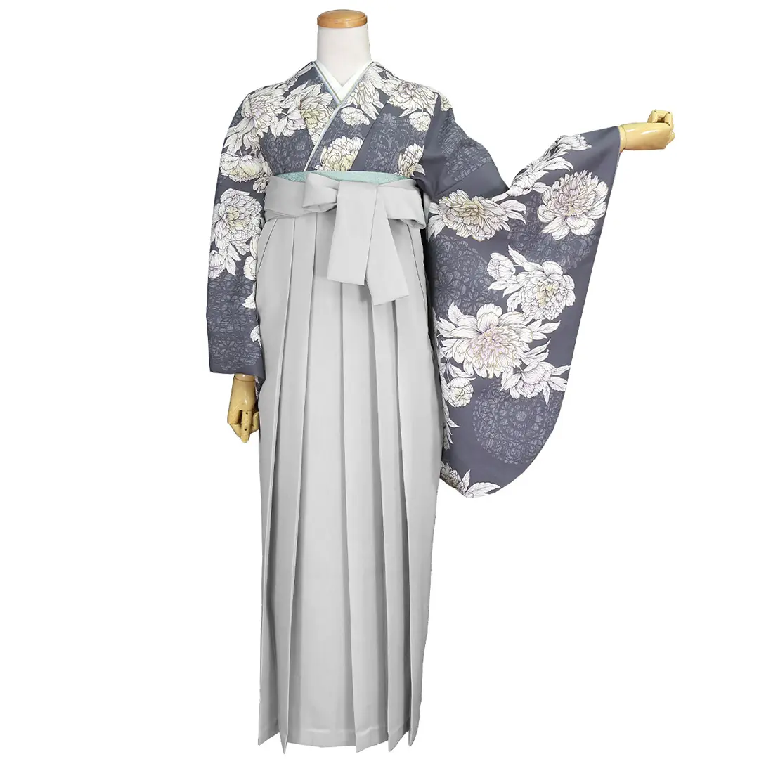 グレー地に大輪の白牡丹・ライトグレー袴（無地） （二尺袖）／卒業式