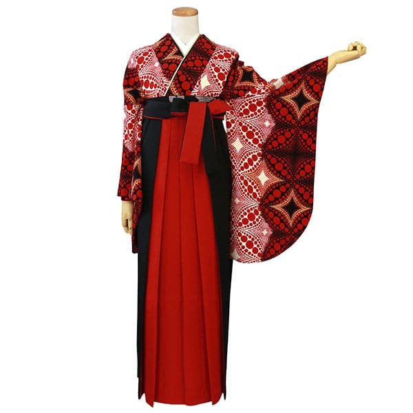 クリームと黒地に水玉の七宝文・赤黒袴（切り替え） （二尺袖）／卒業式