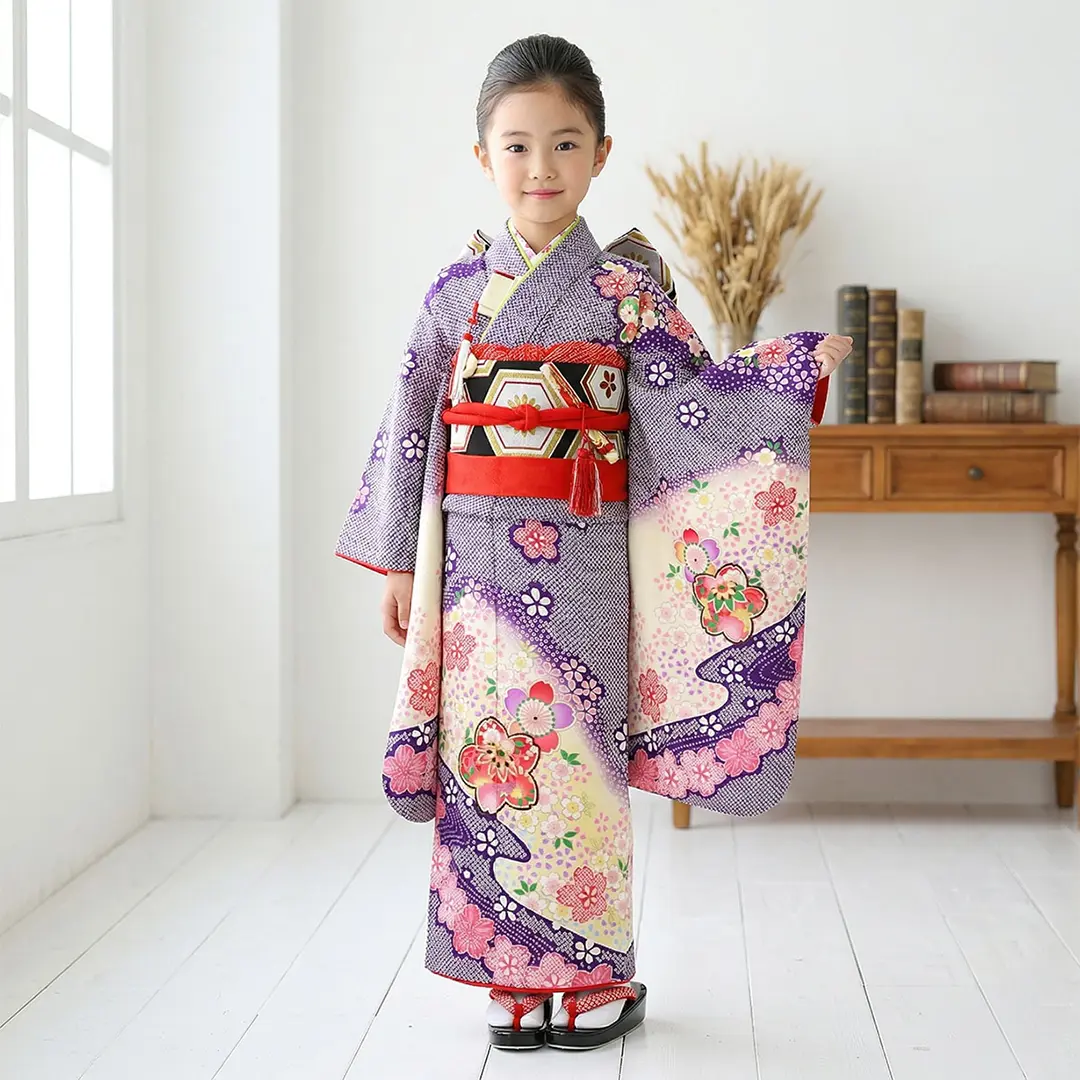 紫地に桜と手毬の着物／七五三・七歳女の子