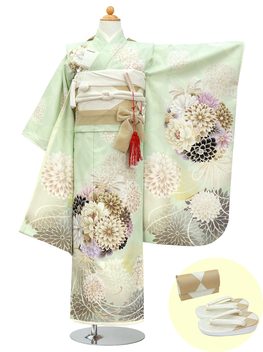 【夏におすすめ】 【2022新作】《JAPAN STYLE》青磁色にむじな菊の着物／七五三・七歳女の子