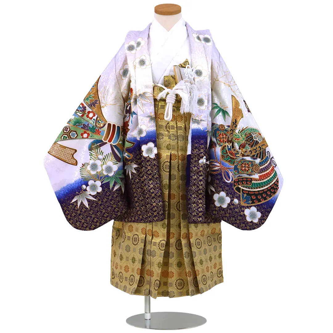 淡い藤色地に兜と束ね熨斗、金襴の袴／小さめサイズ／七五三・五歳男の子・袴