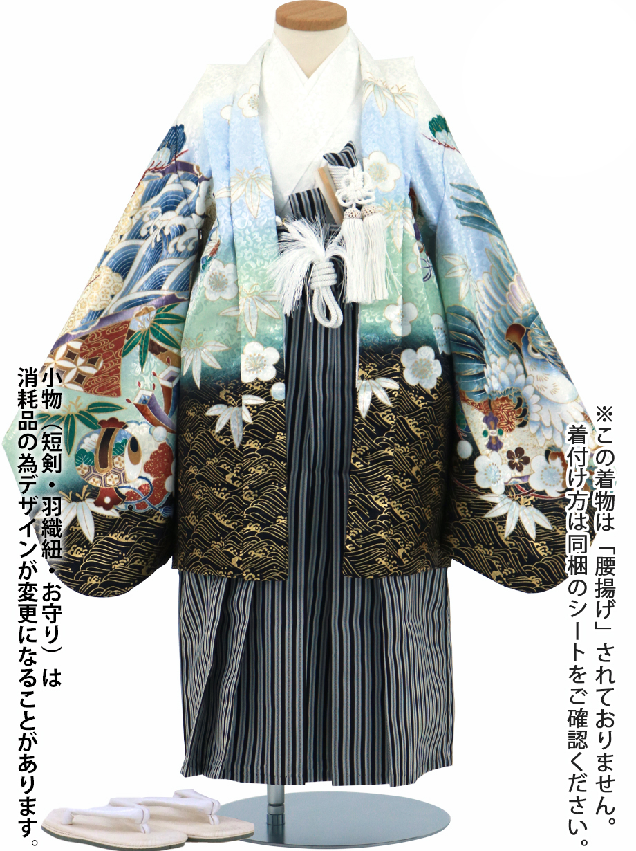 【夏におすすめ】 白地に鷹と松、黒縞の袴／小さめサイズ／七五三・五歳男の子・袴