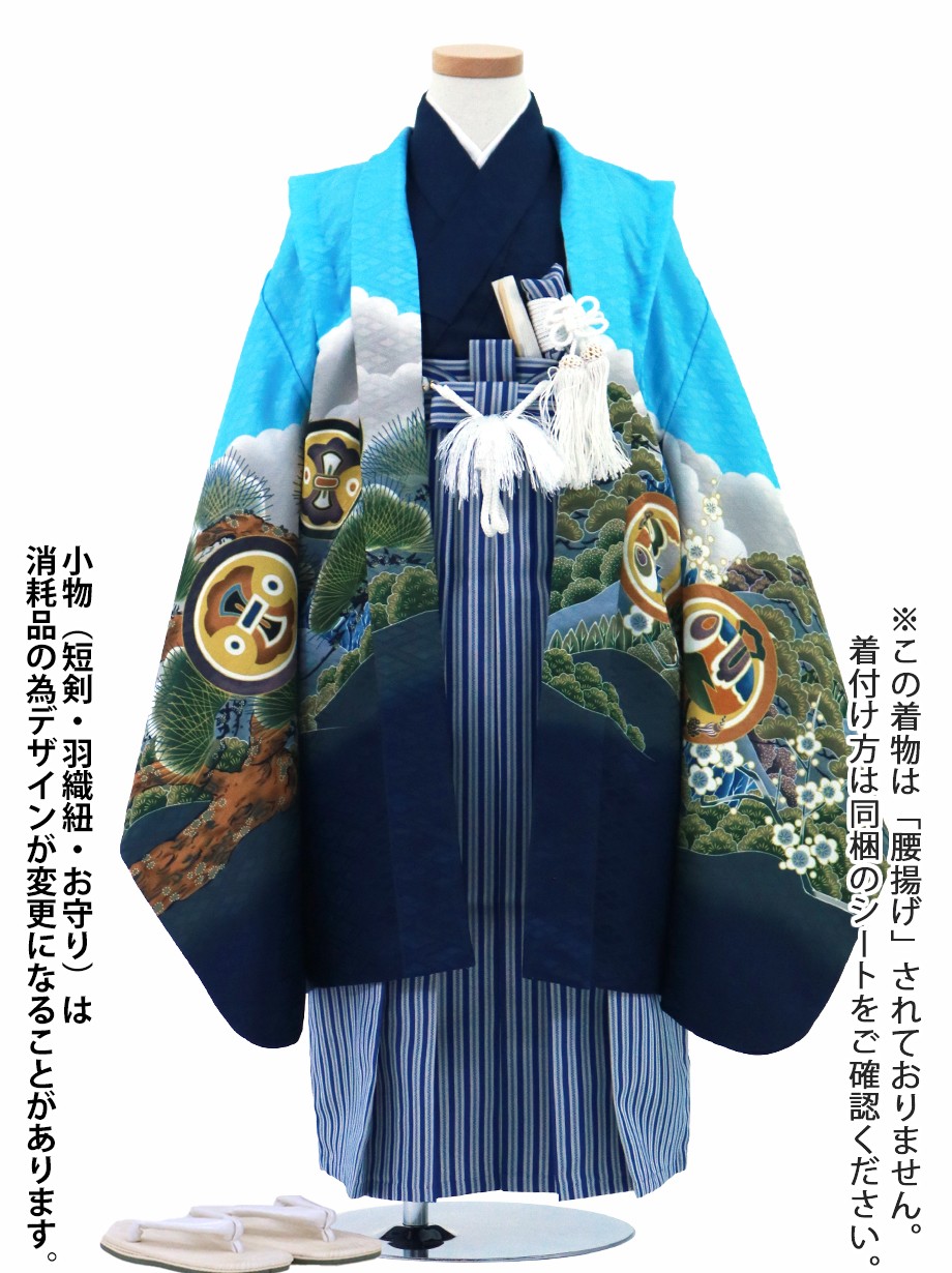 水色地に鷹と富士山、紺縞の袴／七五三・五歳男の子・袴