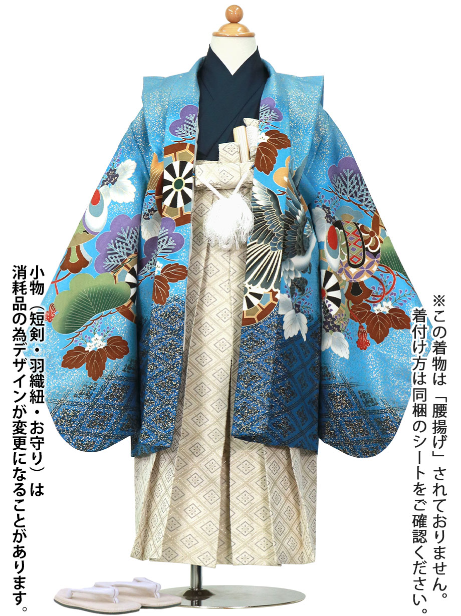 【2022新作】金箔の水色に鷹と松、白グレーの袴／七五三・五歳男の子・袴