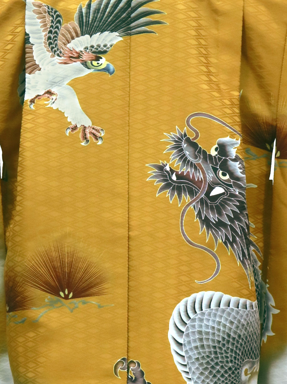 黄唐茶地に鷹と雲龍、丸紋の袴／七五三・五歳男の子・袴